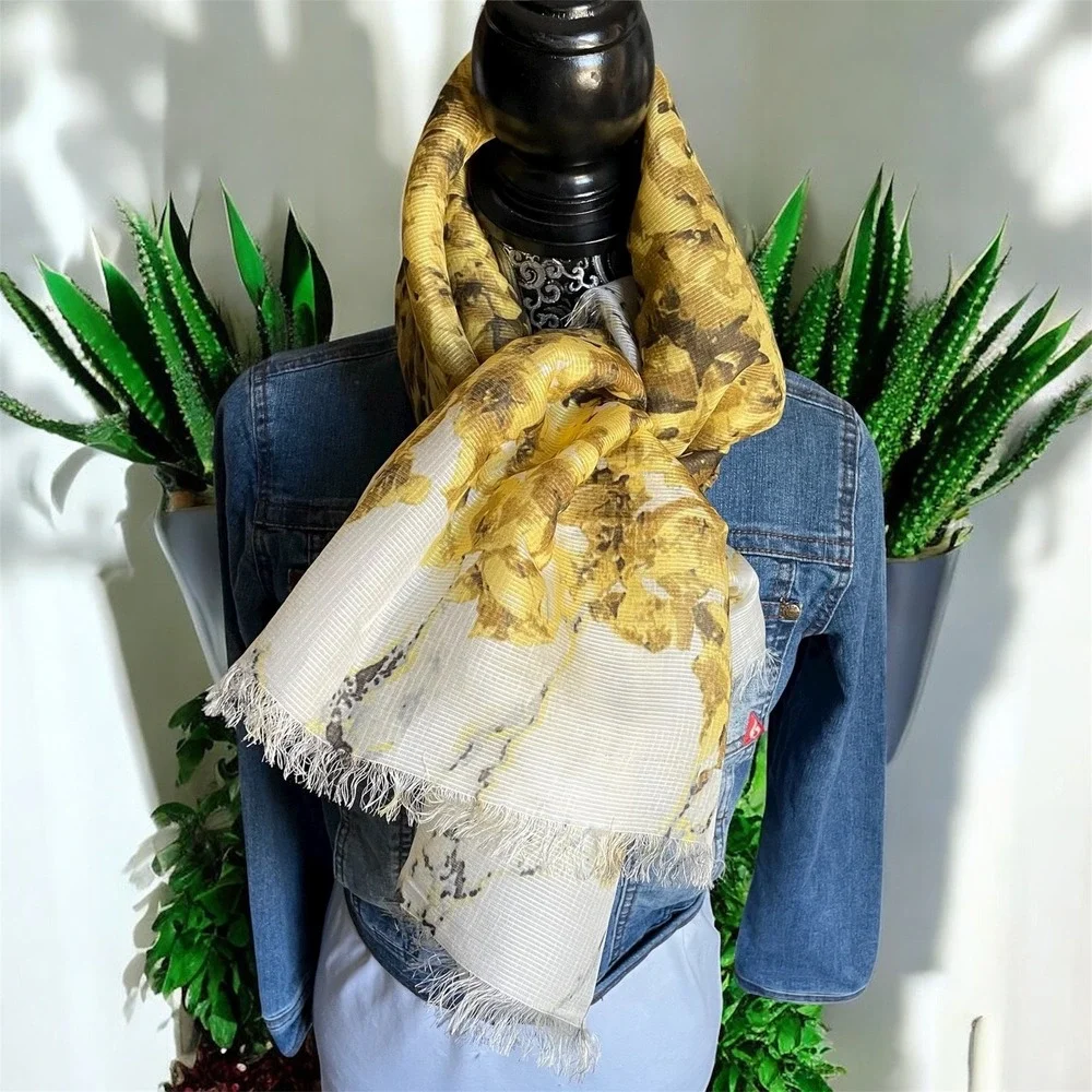 Large mustard yellow Floral scarf Shawl Wrap Lightweight Silk‎ 46.5